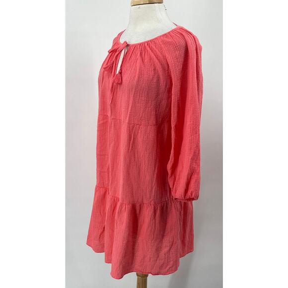 J Crew Cotton Gauze Mini Dress Keyhole V Neck Long Sleeve Coral Pink Womens M - Picture 4 of 9
